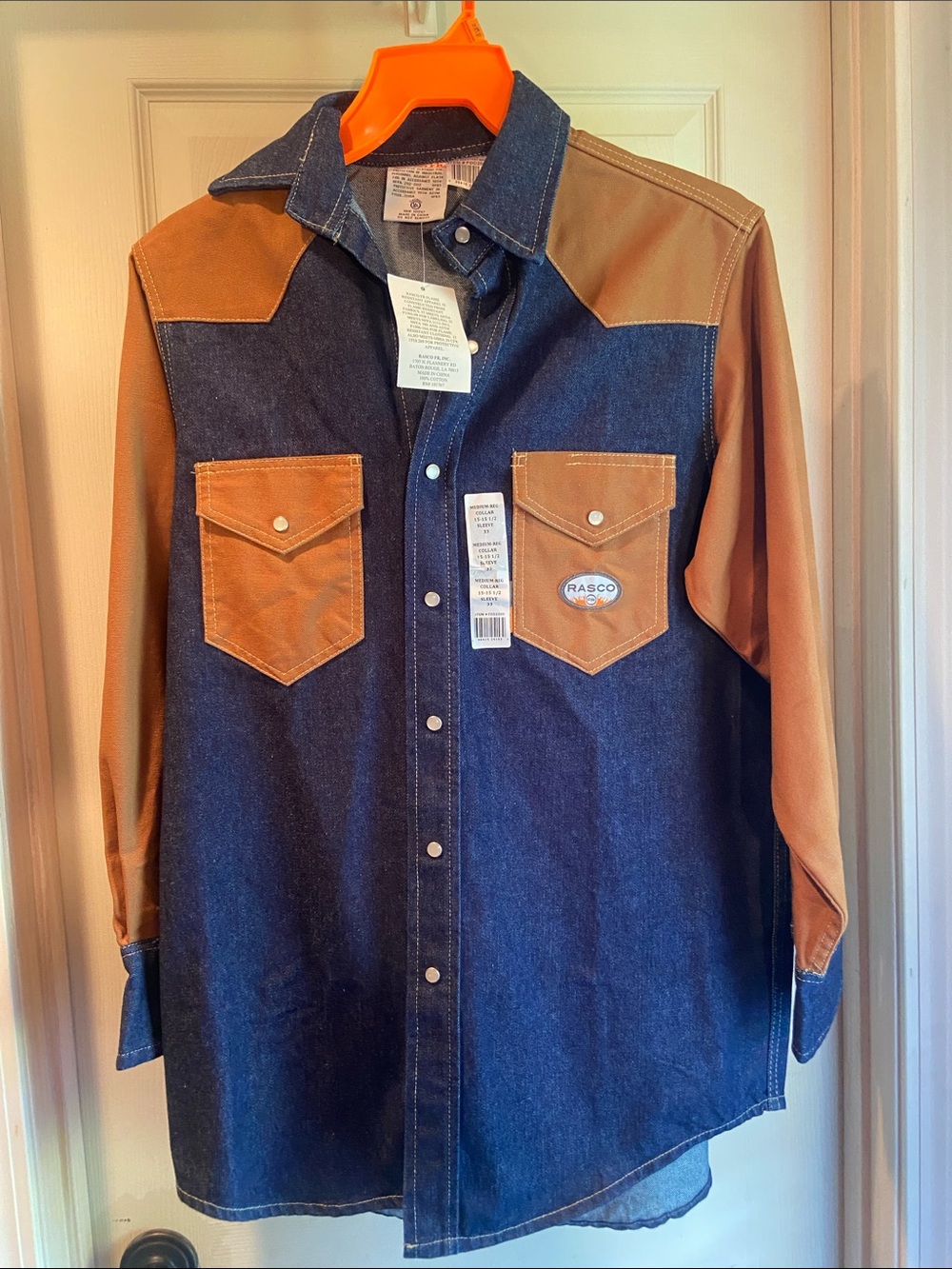 Rasco Men's Two-Tone Denim Work Shirt - Navy with Brown Accents